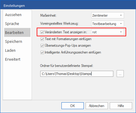 dialog - preferences - show changes