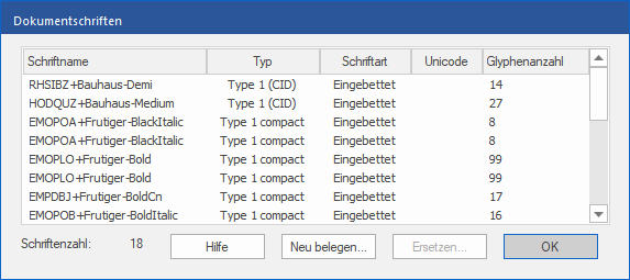 dialog - font catalogue