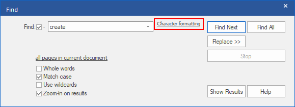 dialog - find replace - formatting