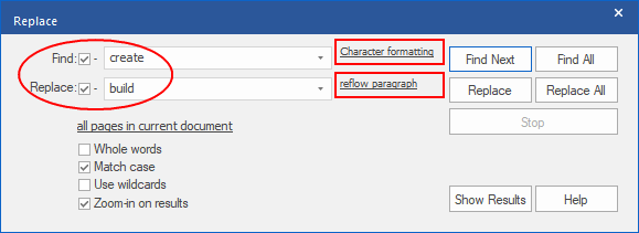 dialog - find replace - formatting text