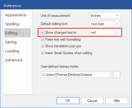 dialog - preferences - show changes