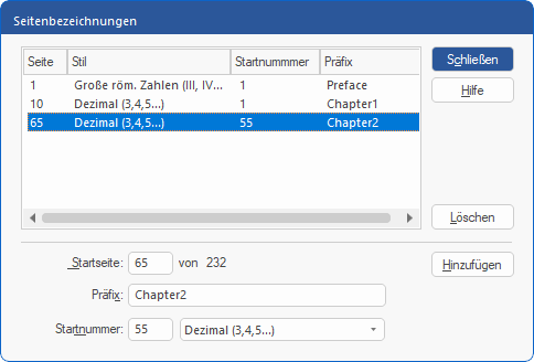 dialog - page labels