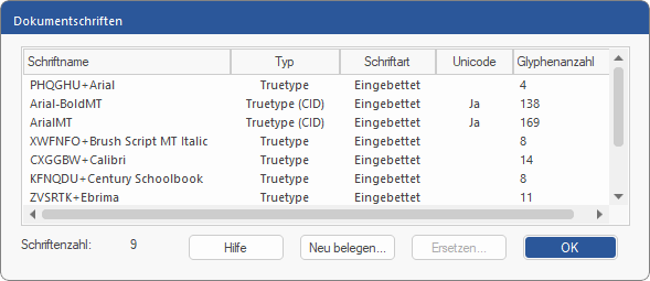 dialog - font catalogue