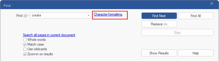 dialog - find replace - formatting