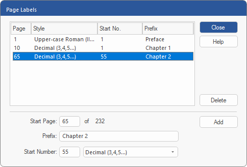 dialog - page labels