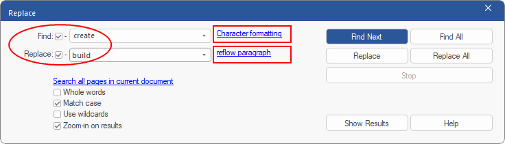 dialog - find replace - formatting text