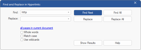 dialog - find replace hyperlinks - page range