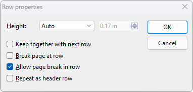 Tables Formatting tables Changing row properties